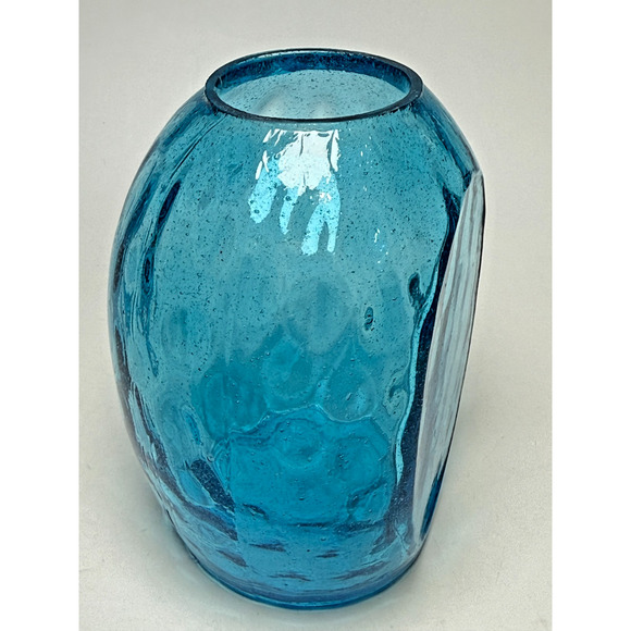 Unbranded Other - Vintage Aqua Blue Hand Blown Glass Flat Side Bookshelf Vase Dimpled Dot Bubbles